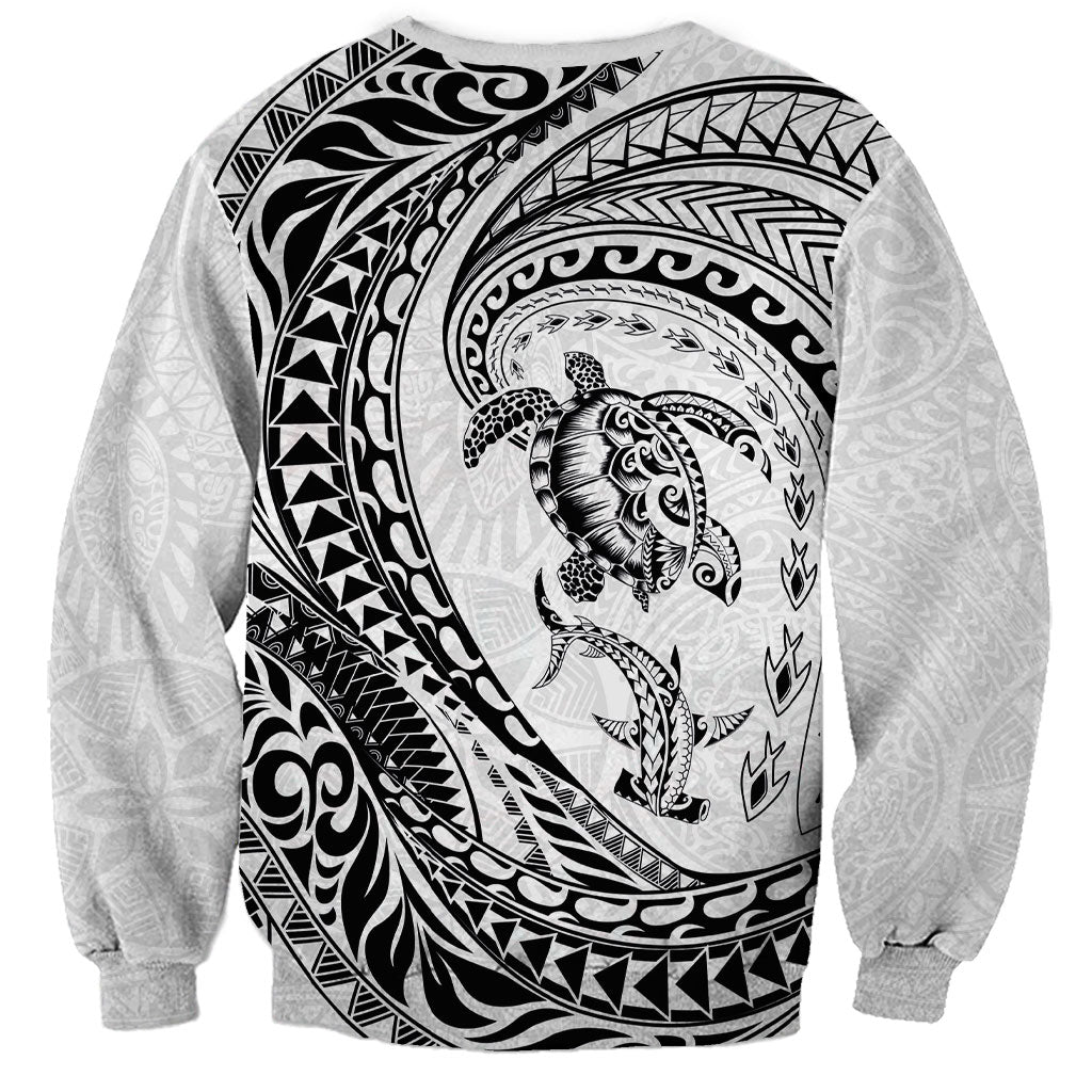 Hawaiian Turtle and Shark Sweatshirt Kakau Tribal with Polynesian Pattern White Color
