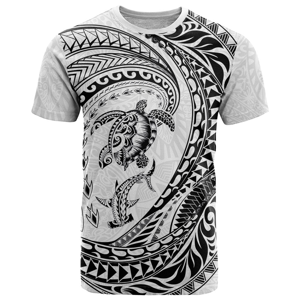 Hawaiian Turtle and Shark T Shirt Kakau Tribal with Polynesian Pattern White Color