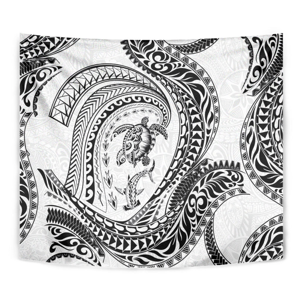 Hawaiian Turtle and Shark Tapestry Kakau Tribal with Polynesian Pattern White Color