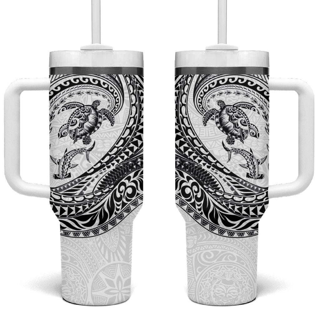 Hawaiian Turtle and Shark Tumbler With Handle Kakau Tribal with Polynesian Pattern White Color