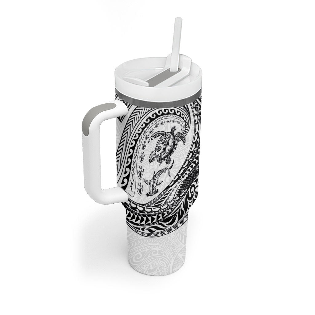 Hawaiian Turtle and Shark Tumbler With Handle Kakau Tribal with Polynesian Pattern White Color
