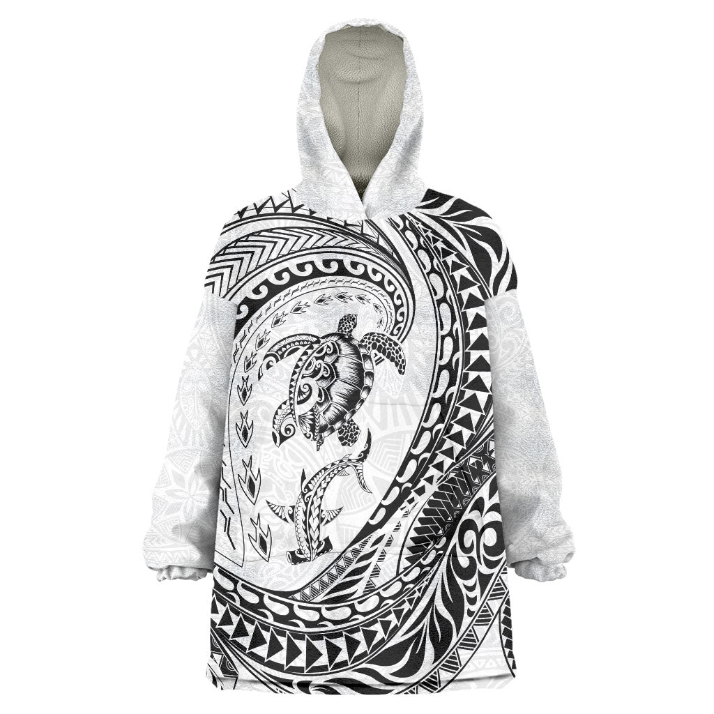 Hawaiian Turtle and Shark Wearable Blanket Hoodie Kakau Tribal with Polynesian Pattern White Color