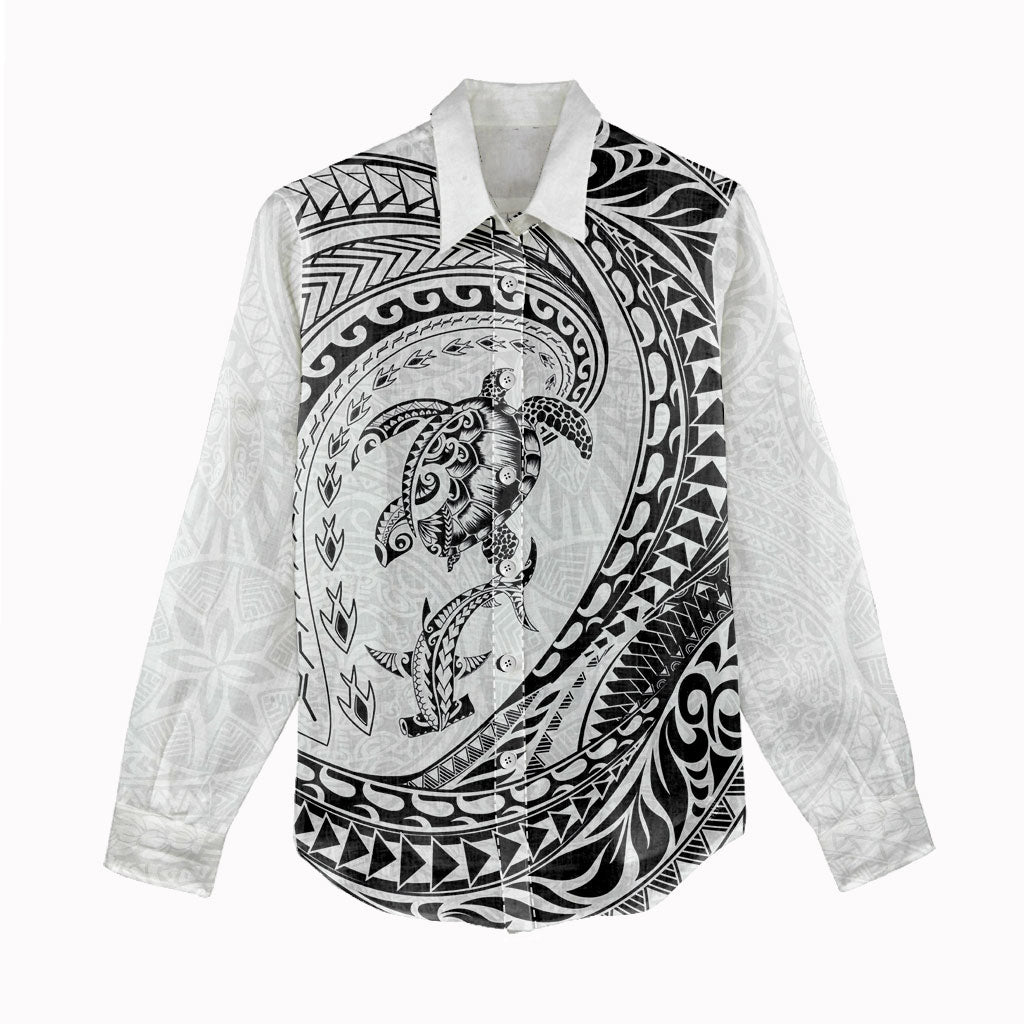 Hawaiian Turtle and Shark Women Casual Shirt Kakau Tribal with Polynesian Pattern White Color