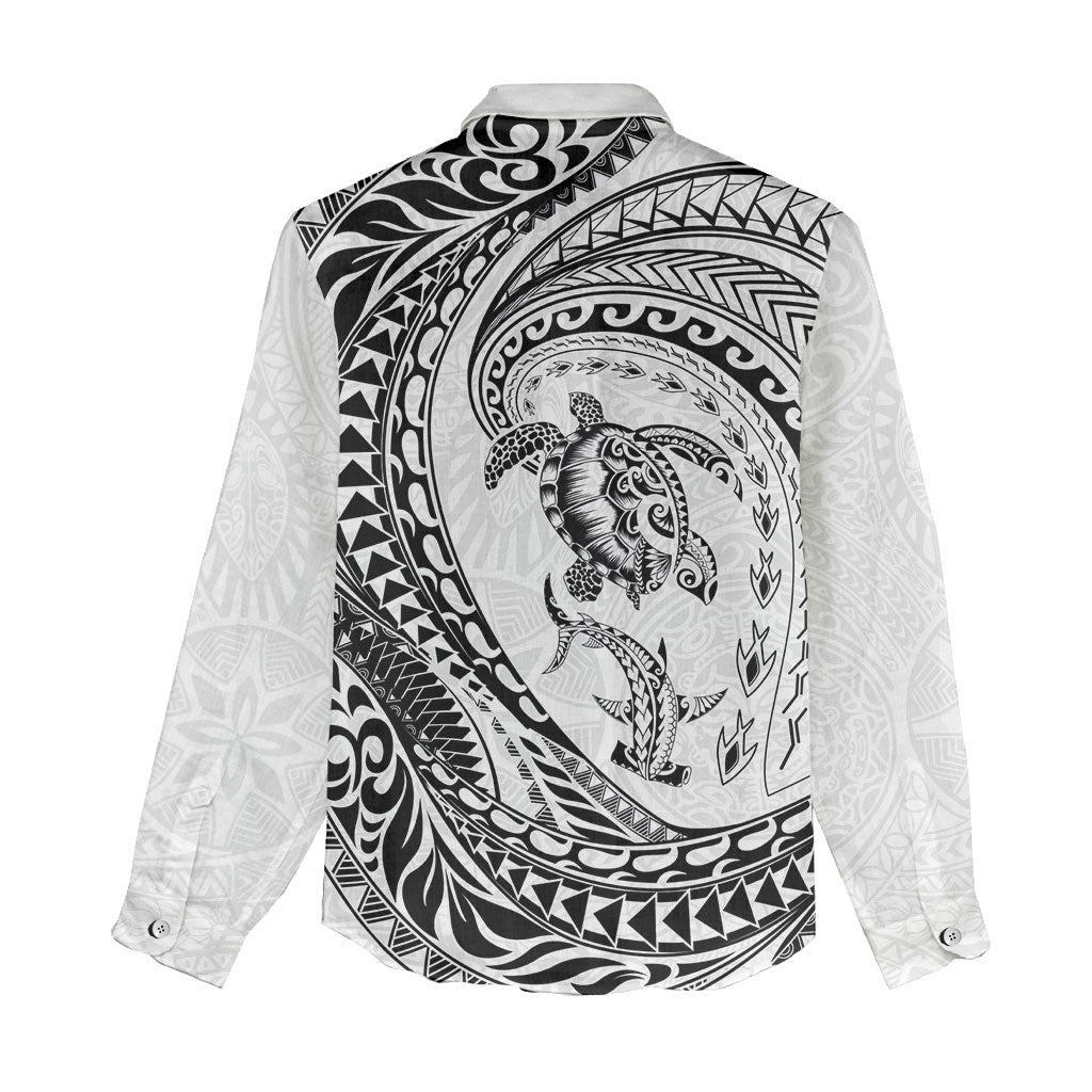 Hawaiian Turtle and Shark Women Casual Shirt Kakau Tribal with Polynesian Pattern White Color