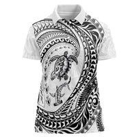 Hawaiian Turtle and Shark Women Polo Shirt Kakau Tribal with Polynesian Pattern White Color