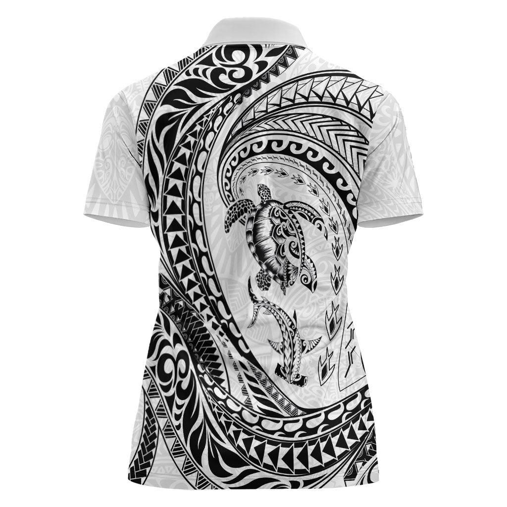 Hawaiian Turtle and Shark Women Polo Shirt Kakau Tribal with Polynesian Pattern White Color
