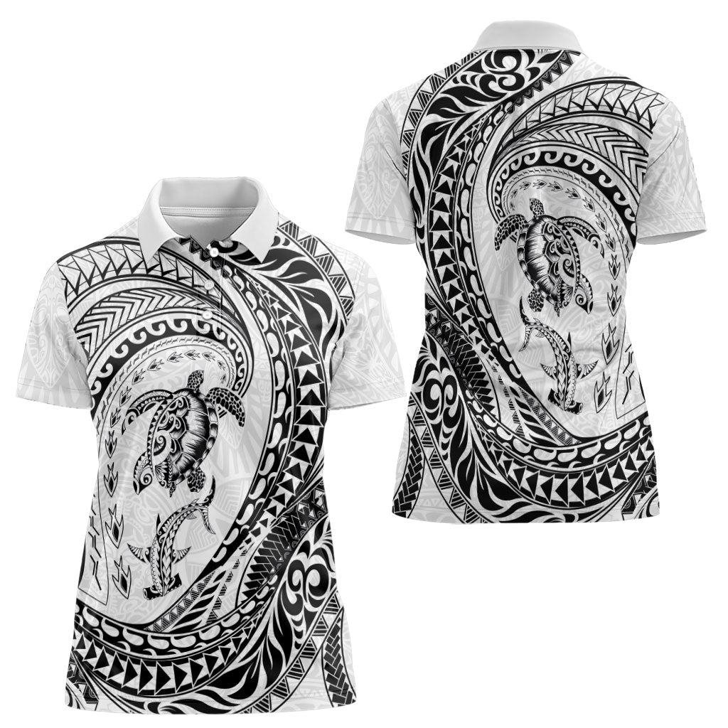 Hawaiian Turtle and Shark Women Polo Shirt Kakau Tribal with Polynesian Pattern White Color
