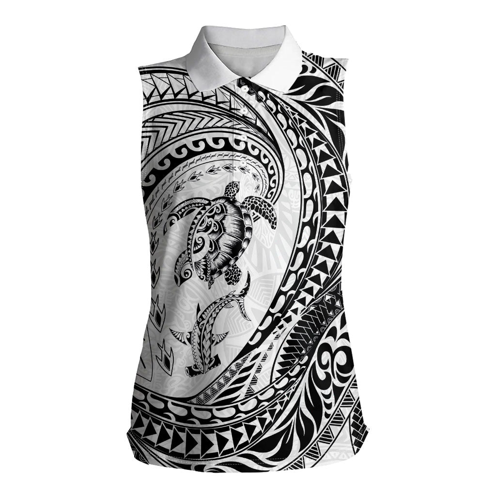 Hawaiian Turtle and Shark Women Sleeveless Polo Shirt Kakau Tribal with Polynesian Pattern White Color