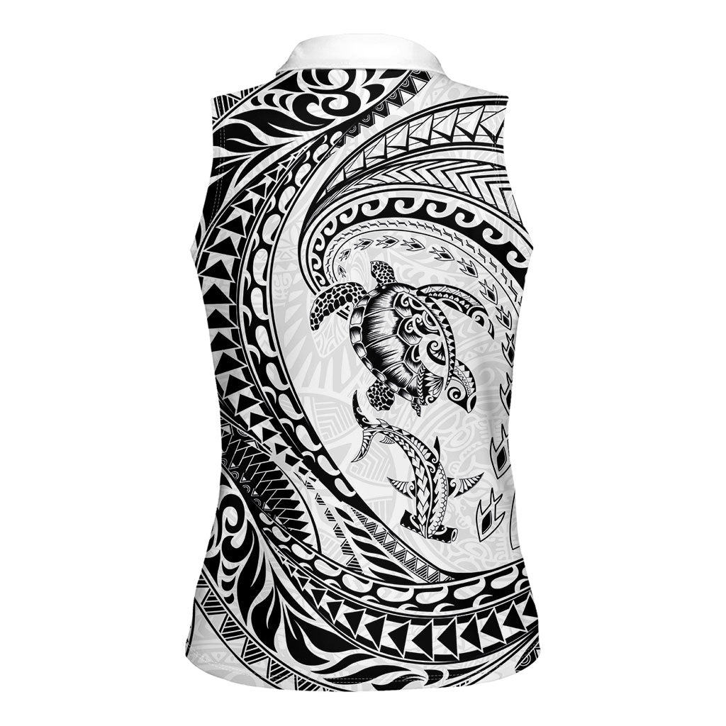 Hawaiian Turtle and Shark Women Sleeveless Polo Shirt Kakau Tribal with Polynesian Pattern White Color