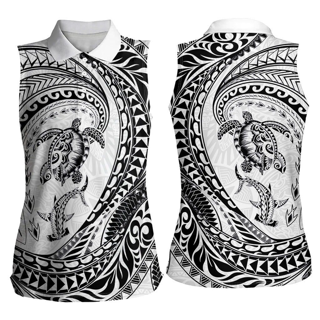 Hawaiian Turtle and Shark Women Sleeveless Polo Shirt Kakau Tribal with Polynesian Pattern White Color