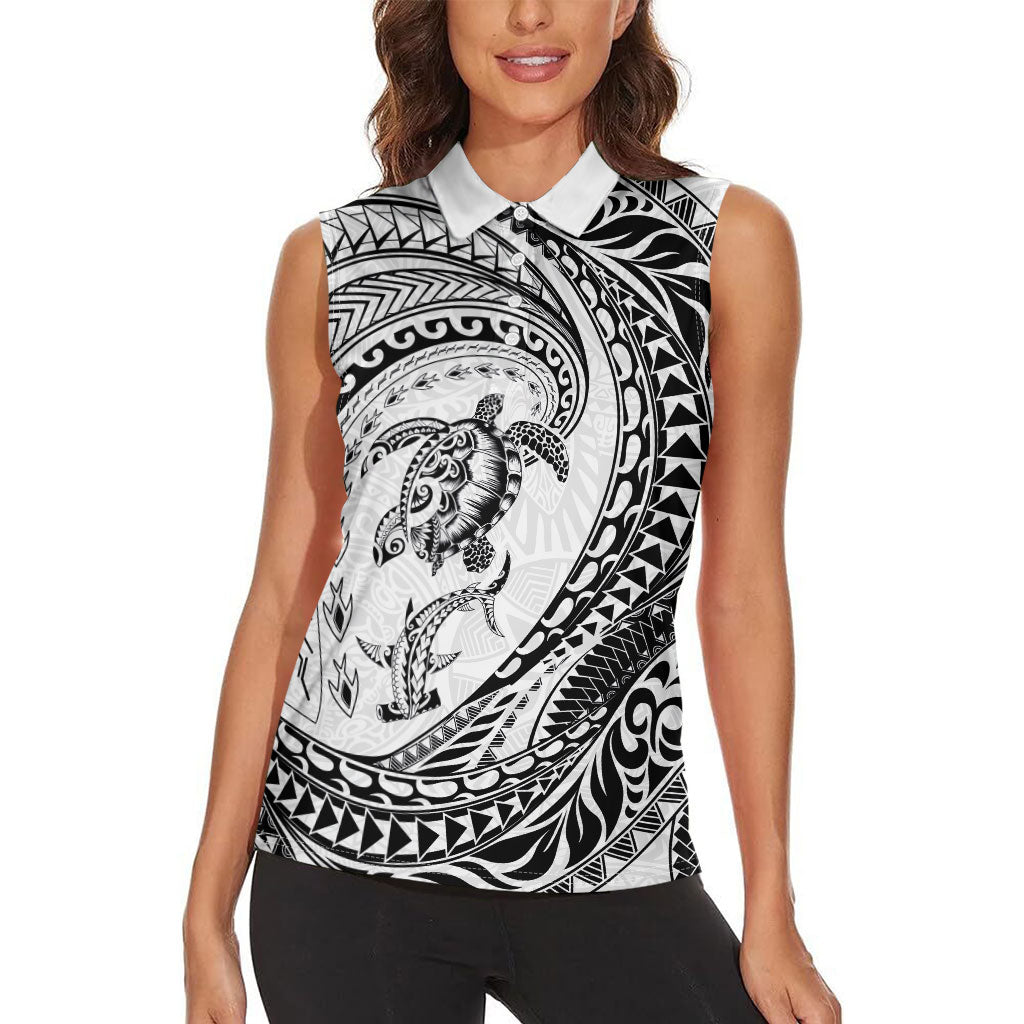Hawaiian Turtle and Shark Women Sleeveless Polo Shirt Kakau Tribal with Polynesian Pattern White Color