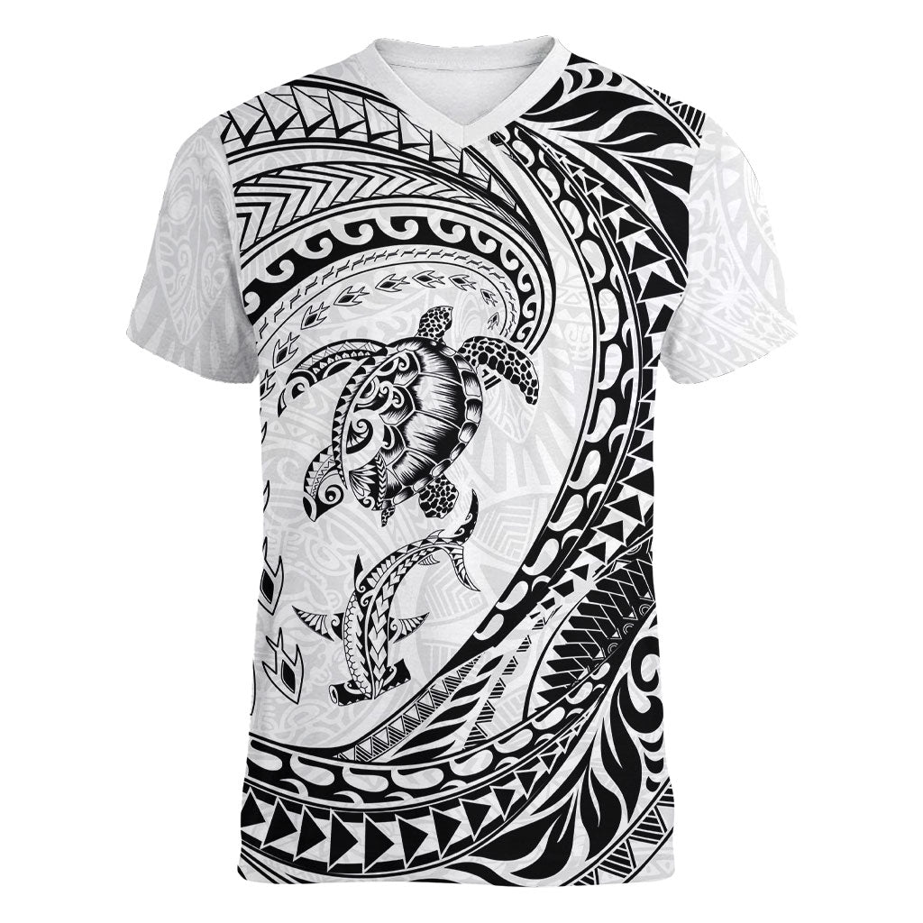 Hawaiian Turtle and Shark Women V-Neck T-Shirt Kakau Tribal with Polynesian Pattern White Color