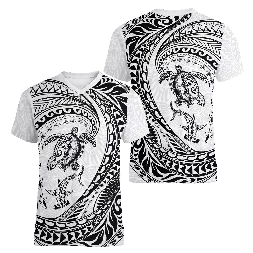 Hawaiian Turtle and Shark Women V-Neck T-Shirt Kakau Tribal with Polynesian Pattern White Color