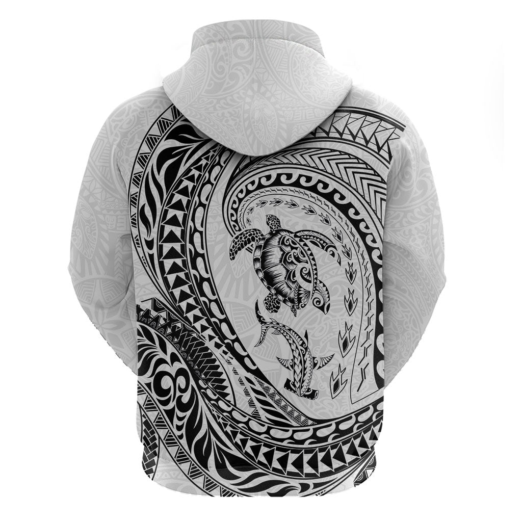 Hawaiian Turtle and Shark Zip Hoodie Kakau Tribal with Polynesian Pattern White Color