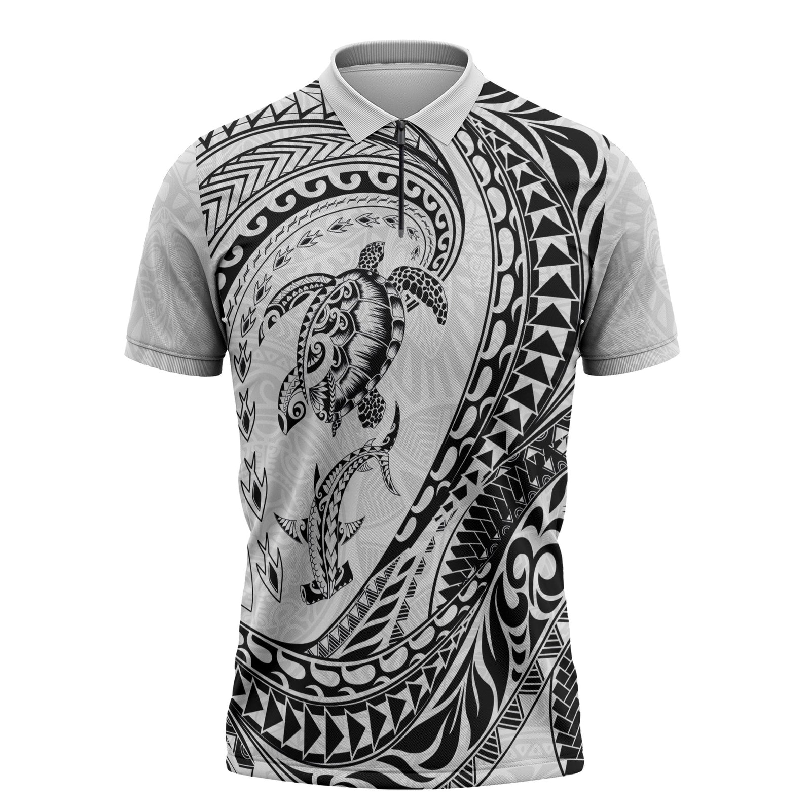 Hawaiian Turtle and Shark Zipper Polo Shirt Kakau Tribal with Polynesian Pattern White Color LT03 White - Polynesian Pride