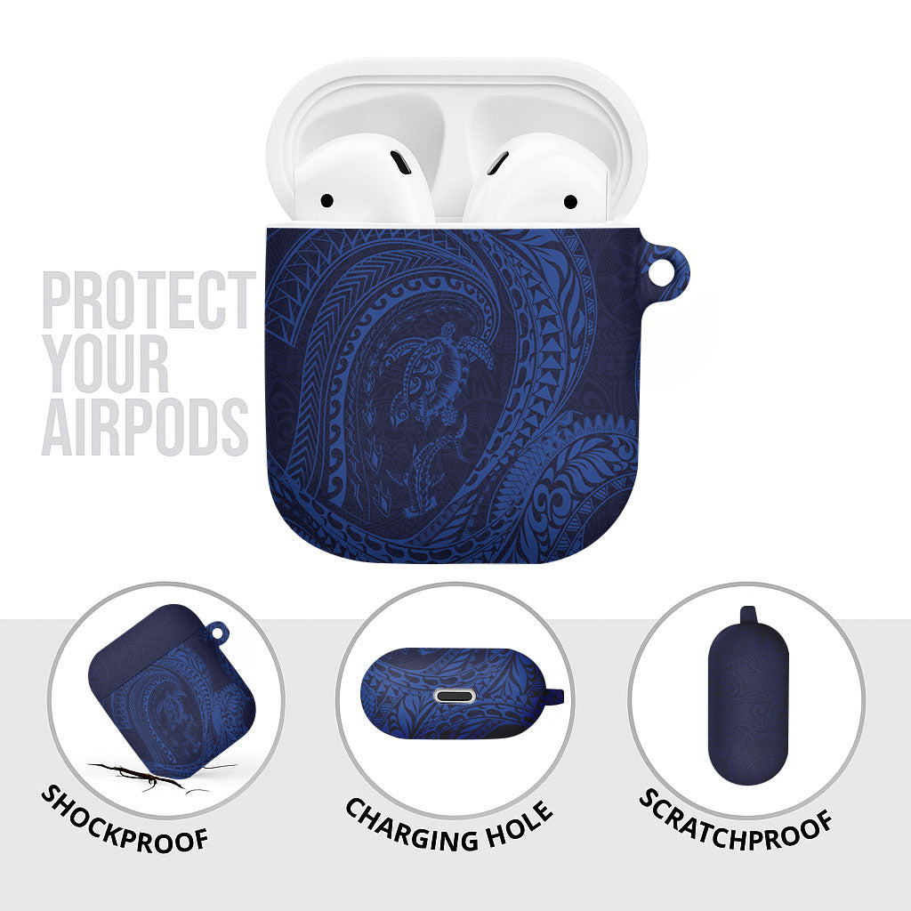 Hawaiian Turtle and Shark AirPods Case Kakau Tribal with Polynesian Pattern Blue Color