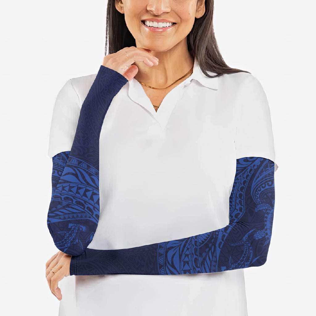 Hawaiian Turtle and Shark Arm Sleeves Kakau Tribal with Polynesian Pattern Blue Color