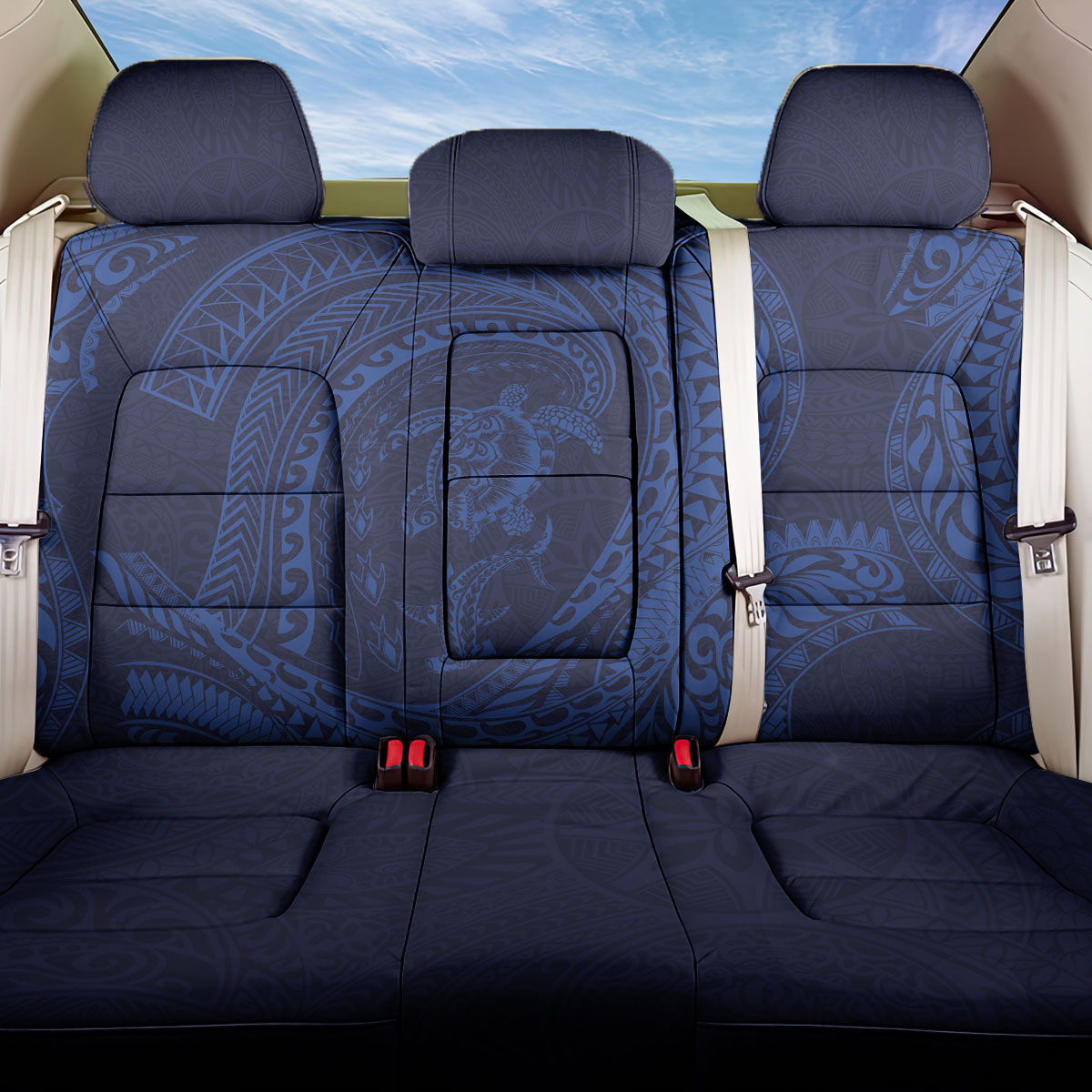 Hawaiian Turtle and Shark Back Car Seat Cover Kakau Tribal with Polynesian Pattern Blue Color