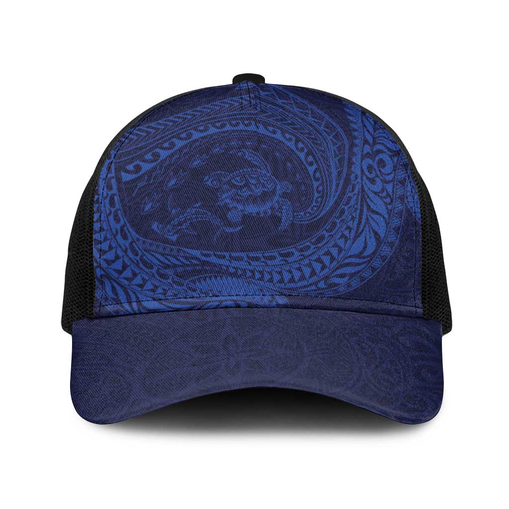 Hawaiian Turtle and Shark Baseball Net Cap Kakau Tribal with Polynesian Pattern Blue Color