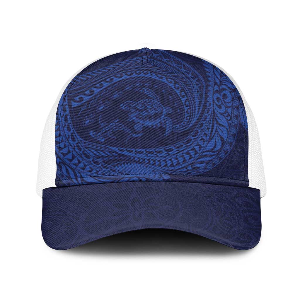 Hawaiian Turtle and Shark Baseball Net Cap Kakau Tribal with Polynesian Pattern Blue Color