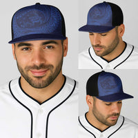 Hawaiian Turtle and Shark Baseball Net Cap Kakau Tribal with Polynesian Pattern Blue Color