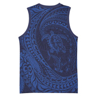 Hawaiian Turtle and Shark Basketball Jersey Kakau Tribal with Polynesian Pattern Blue Color