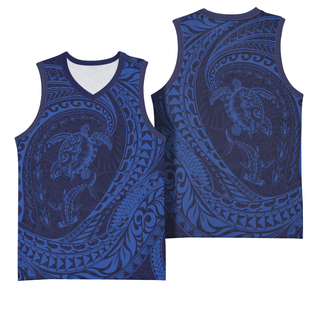 Hawaiian Turtle and Shark Basketball Jersey Kakau Tribal with Polynesian Pattern Blue Color