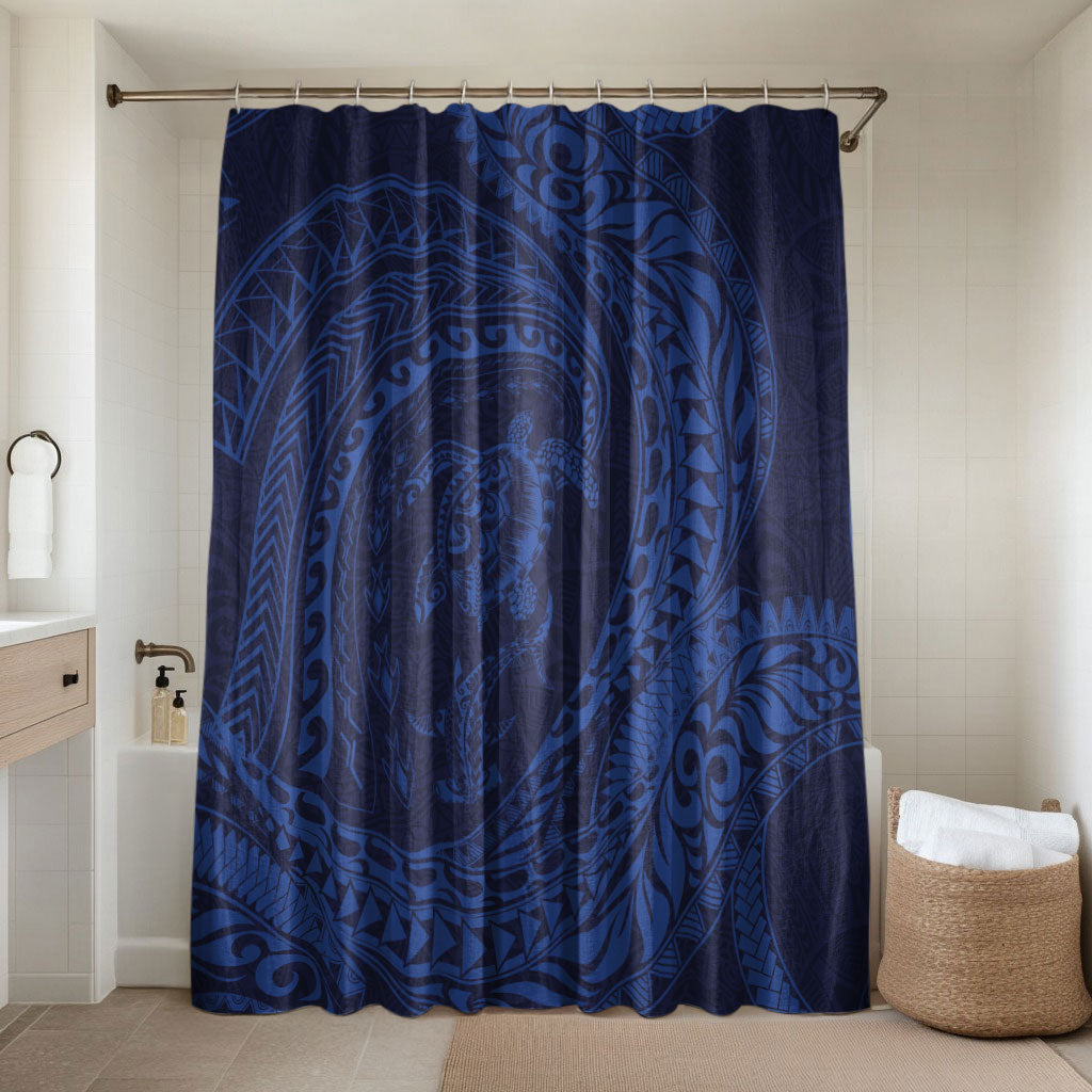 Hawaiian Turtle and Shark Bathroom Set Kakau Tribal with Polynesian Pattern Blue Color