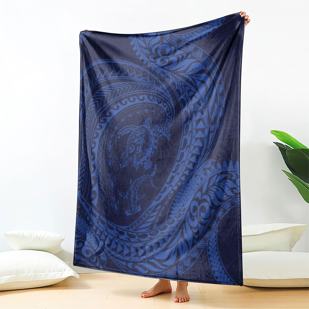 Hawaiian Turtle and Shark Blanket Kakau Tribal with Polynesian Pattern Blue Color