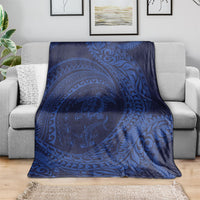 Hawaiian Turtle and Shark Blanket Kakau Tribal with Polynesian Pattern Blue Color