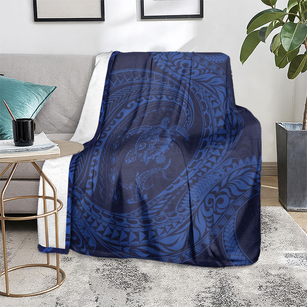 Hawaiian Turtle and Shark Blanket Kakau Tribal with Polynesian Pattern Blue Color