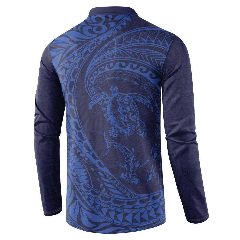 Hawaiian Turtle and Shark Button Sweatshirt Kakau Tribal with Polynesian Pattern Blue Color