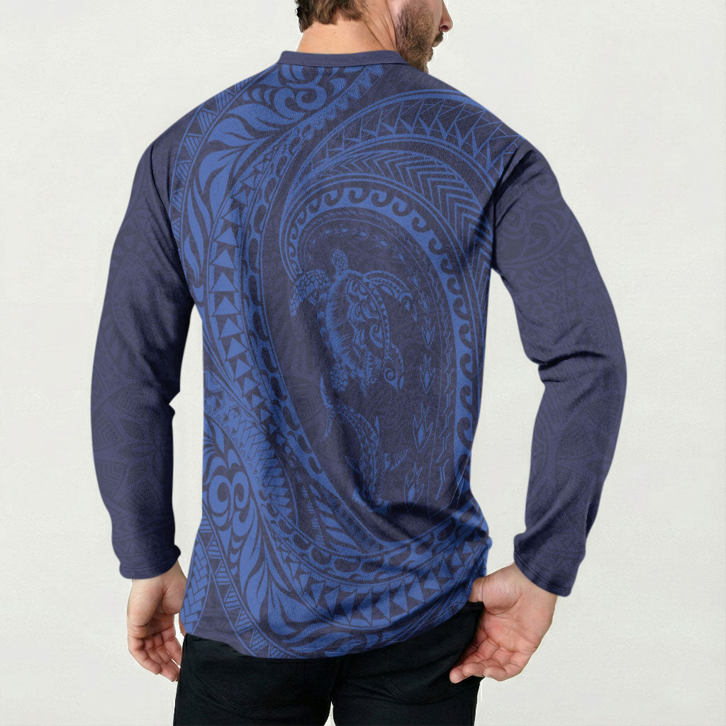 Hawaiian Turtle and Shark Button Sweatshirt Kakau Tribal with Polynesian Pattern Blue Color