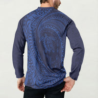 Hawaiian Turtle and Shark Button Sweatshirt Kakau Tribal with Polynesian Pattern Blue Color