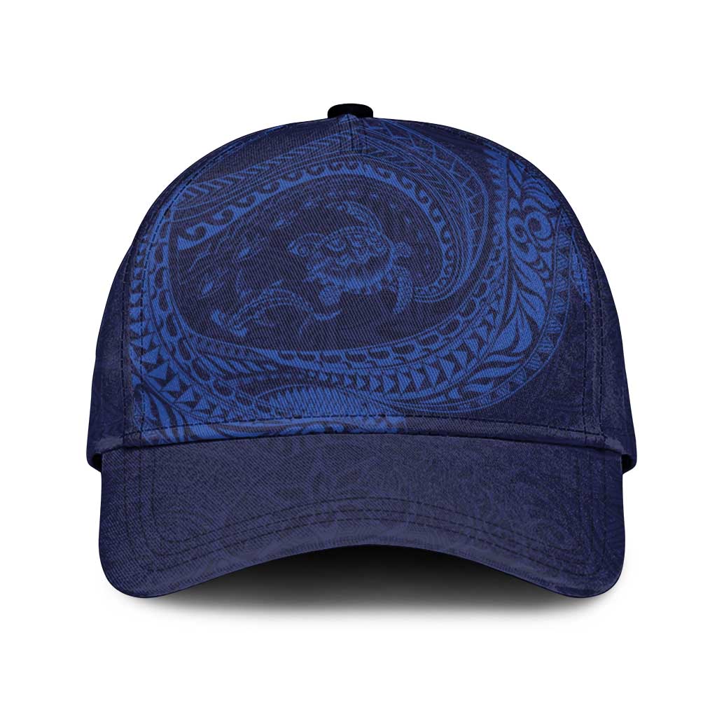 Hawaiian Turtle and Shark Classic Cap Kakau Tribal with Polynesian Pattern Blue Color