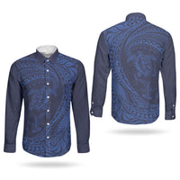 Hawaiian Turtle and Shark Couples Matching Long Sleeve Bodycon Dress and Long Sleeve Button Shirt Kakau Tribal with Polynesian Pattern Blue Color