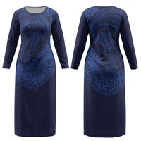 Hawaiian Turtle and Shark Couples Matching Long Sleeve Bodycon Dress and Long Sleeve Button Shirt Kakau Tribal with Polynesian Pattern Blue Color