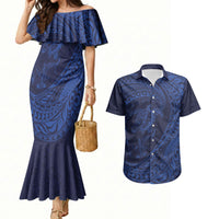 Hawaiian Turtle and Shark Couples Matching Mermaid Dress and Hawaiian Shirt Kakau Tribal with Polynesian Pattern Blue Color