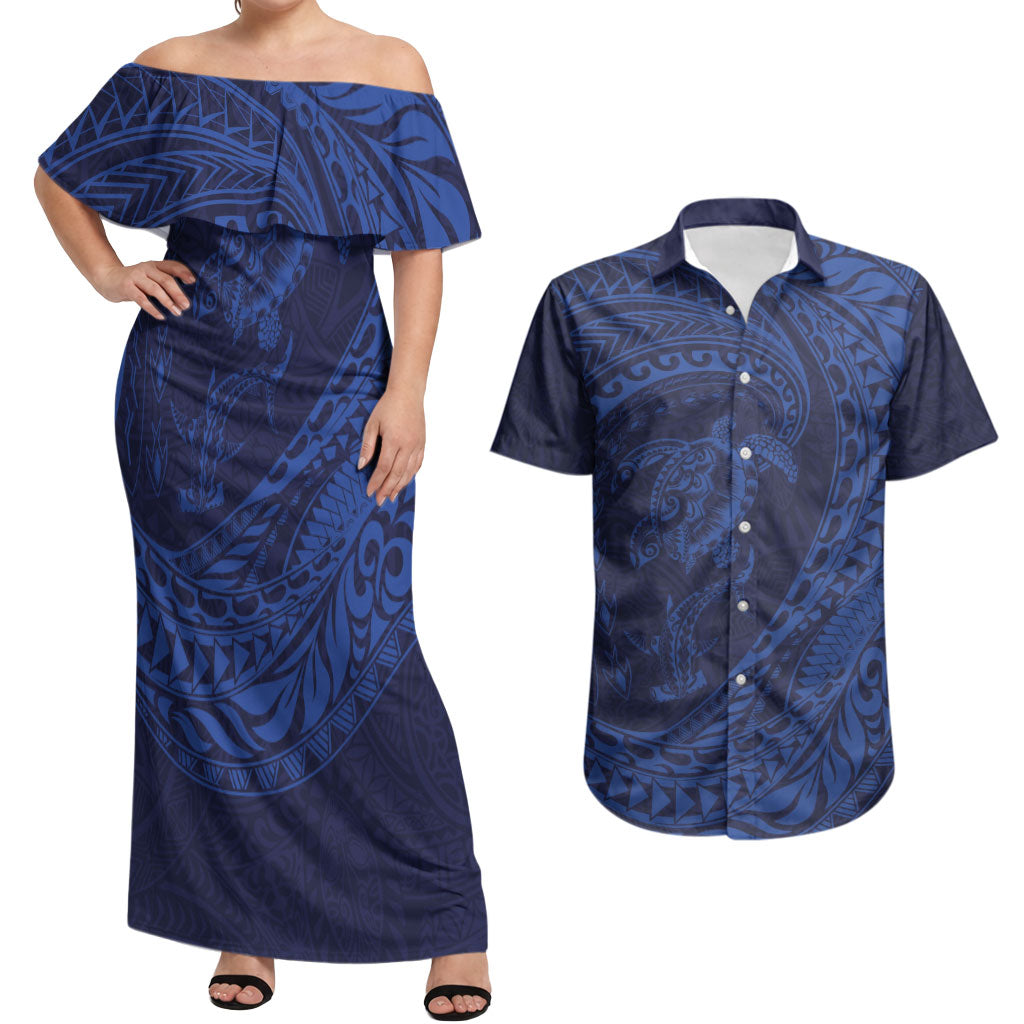 Hawaiian Turtle and Shark Couples Matching Off Shoulder Maxi Dress and Hawaiian Shirt Kakau Tribal with Polynesian Pattern Blue Color