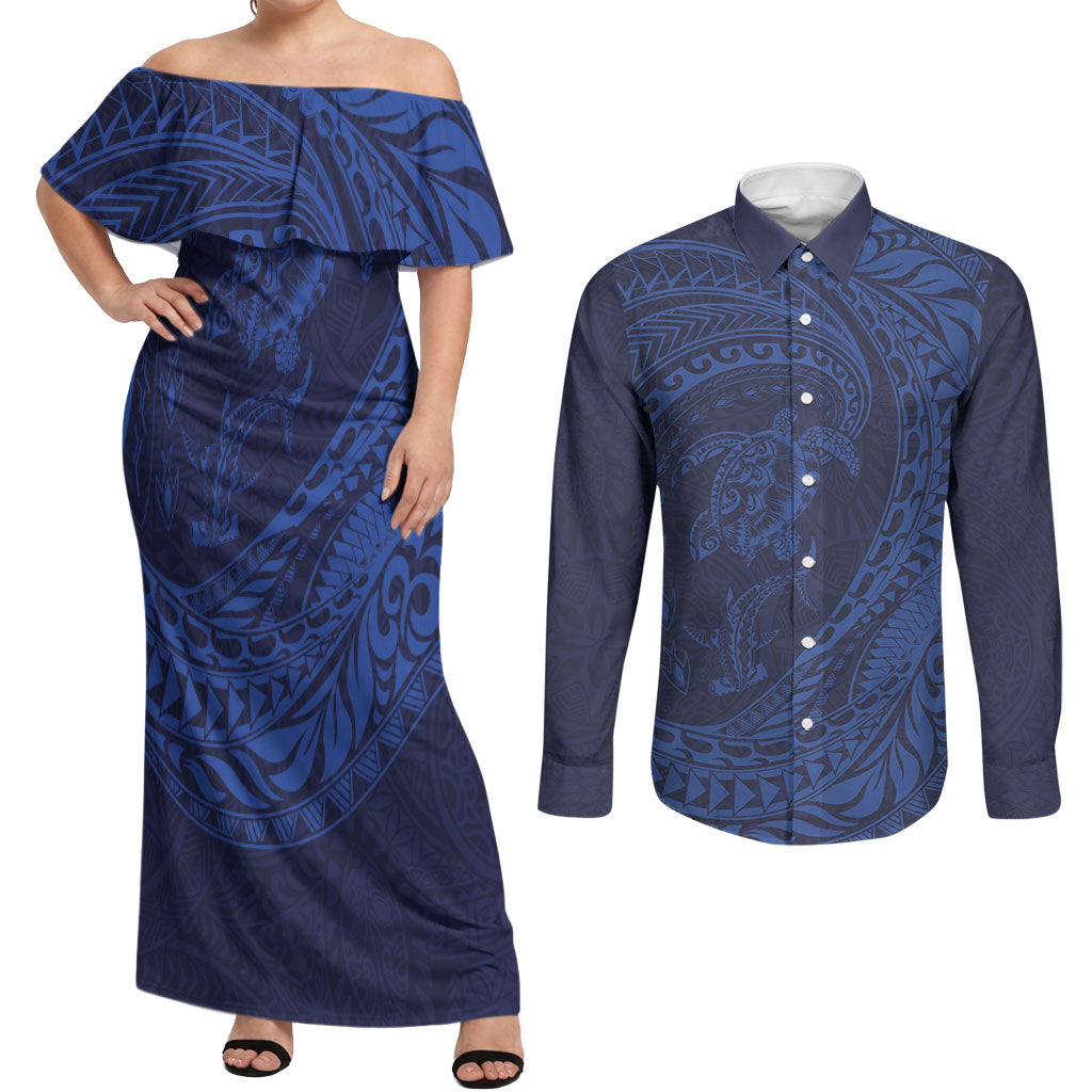 Hawaiian Turtle and Shark Couples Matching Off Shoulder Maxi Dress and Long Sleeve Button Shirt Kakau Tribal with Polynesian Pattern Blue Color