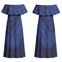 Hawaiian Turtle and Shark Couples Matching Off Shoulder Maxi Dress and Long Sleeve Button Shirt Kakau Tribal with Polynesian Pattern Blue Color