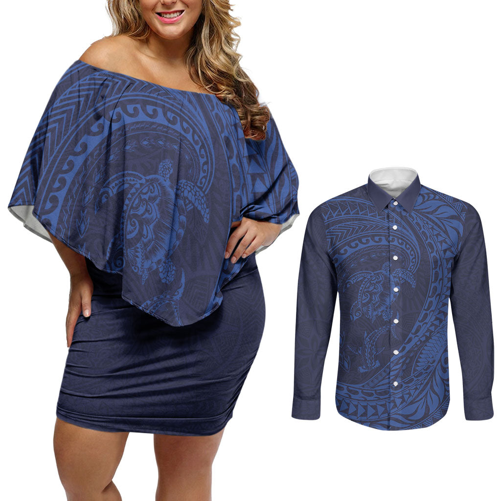 Hawaiian Turtle and Shark Couples Matching Off Shoulder Short Dress and Long Sleeve Button Shirt Kakau Tribal with Polynesian Pattern Blue Color