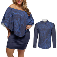Hawaiian Turtle and Shark Couples Matching Off Shoulder Short Dress and Long Sleeve Button Shirt Kakau Tribal with Polynesian Pattern Blue Color