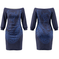 Hawaiian Turtle and Shark Couples Matching Off The Shoulder Long Sleeve Dress and Hawaiian Shirt Kakau Tribal with Polynesian Pattern Blue Color