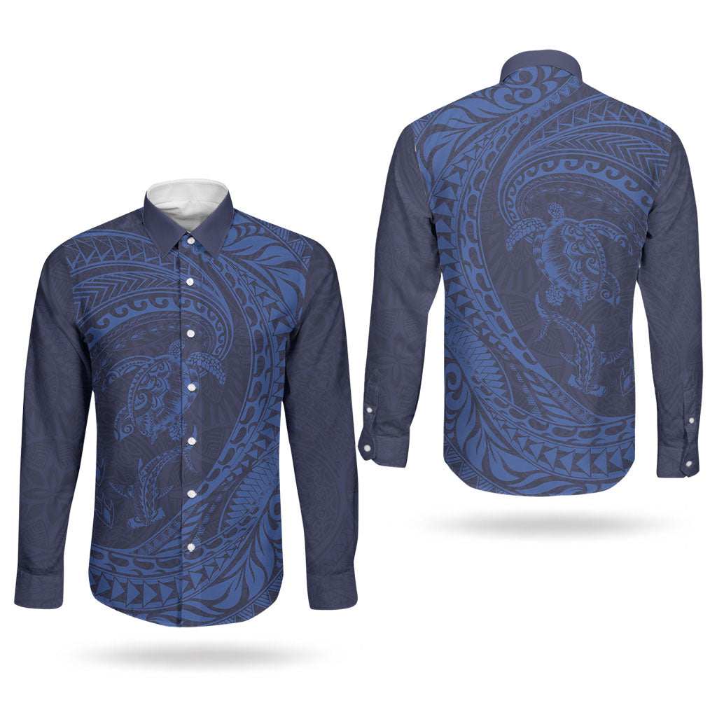 Hawaiian Turtle and Shark Couples Matching Off The Shoulder Long Sleeve Dress and Long Sleeve Button Shirt Kakau Tribal with Polynesian Pattern Blue Color