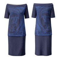 Hawaiian Turtle and Shark Couples Matching Puletasi and Hawaiian Shirt Kakau Tribal with Polynesian Pattern Blue Color