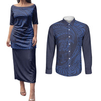 Hawaiian Turtle and Shark Couples Matching Puletasi and Long Sleeve Button Shirt Kakau Tribal with Polynesian Pattern Blue Color