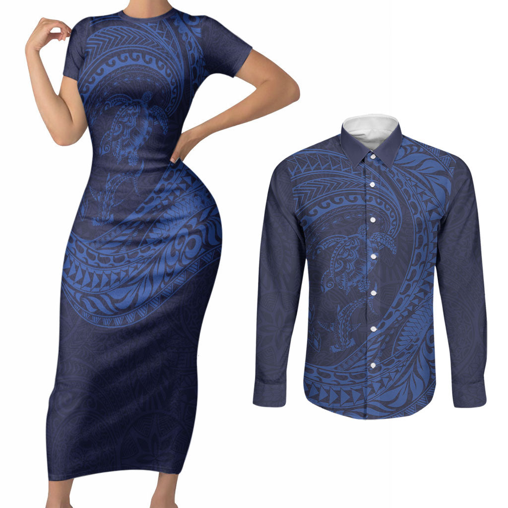 Hawaiian Turtle and Shark Couples Matching Short Sleeve Bodycon Dress and Long Sleeve Button Shirt Kakau Tribal with Polynesian Pattern Blue Color
