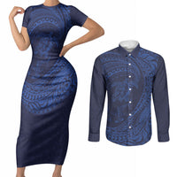 Hawaiian Turtle and Shark Couples Matching Short Sleeve Bodycon Dress and Long Sleeve Button Shirt Kakau Tribal with Polynesian Pattern Blue Color