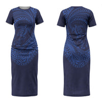 Hawaiian Turtle and Shark Couples Matching Short Sleeve Bodycon Dress and Long Sleeve Button Shirt Kakau Tribal with Polynesian Pattern Blue Color